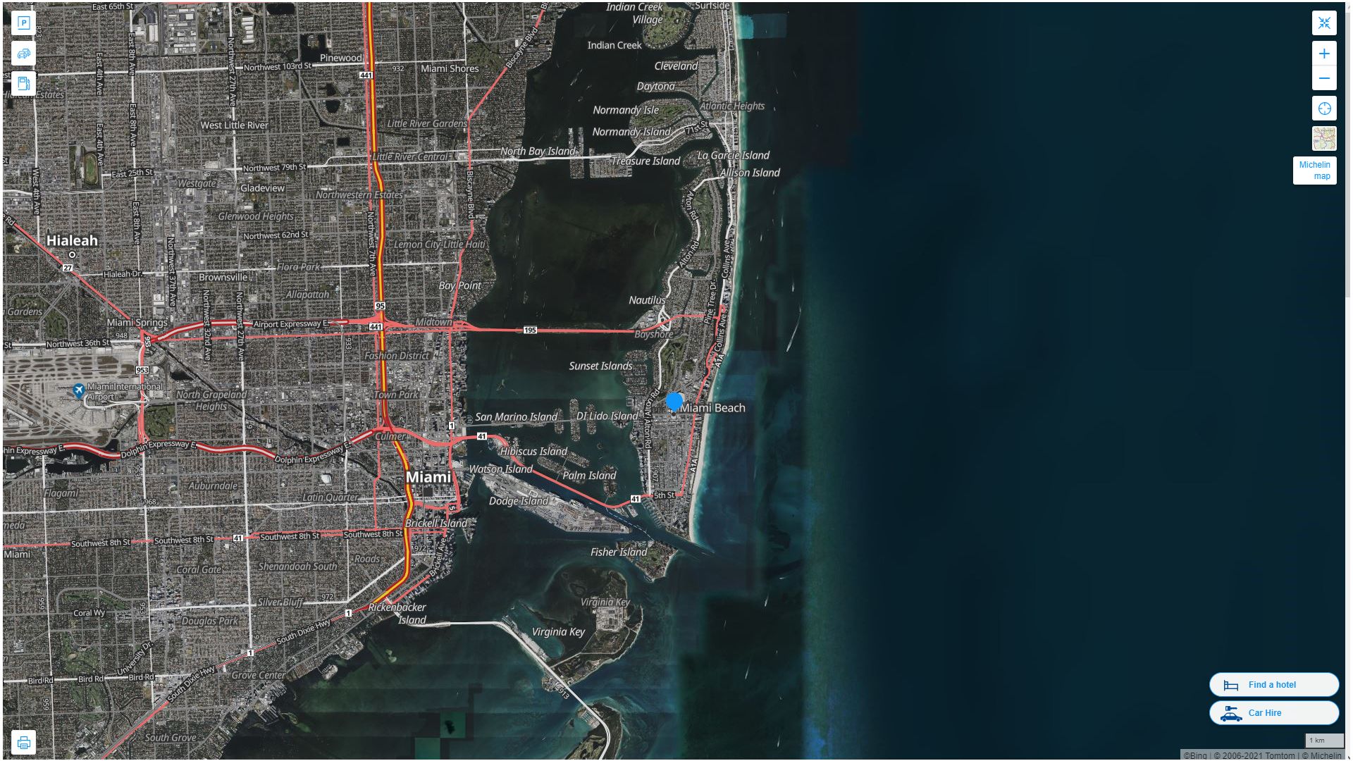 Miami Beach Florida Highway and Road Map with Satellite View